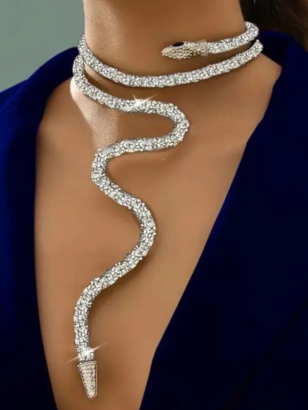 Shiny Silvery Rhinestone Winding Snake Accessory-Necklace, Bracelet, Arm Band
